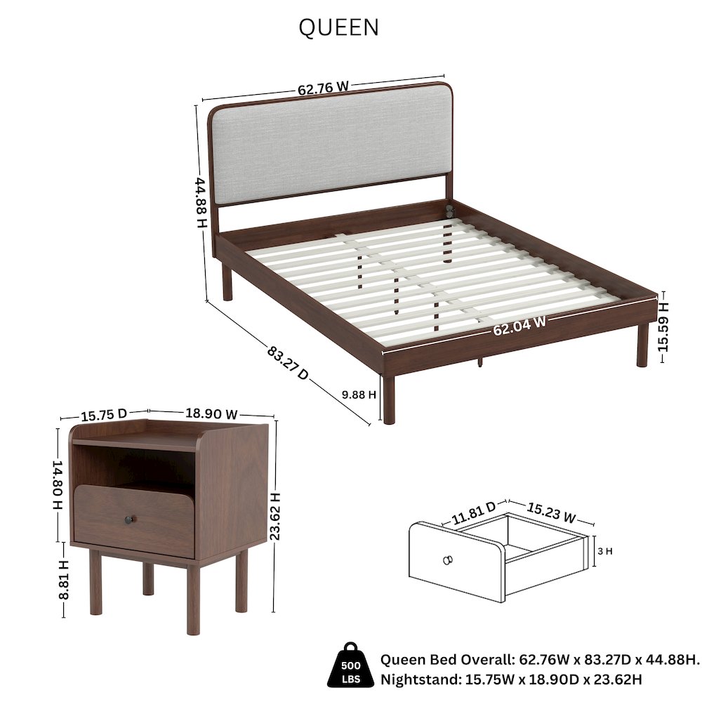 Wyller 2-Piece Bedroom Set, Platform Bed with Nightstand, Natural Walnut, Queen