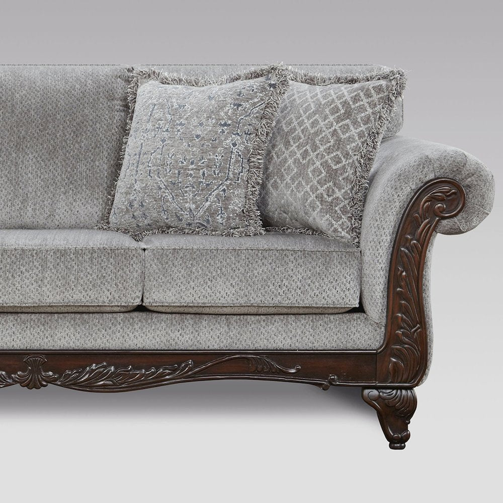 Hernen Carved Wood Frame Gray Sofa