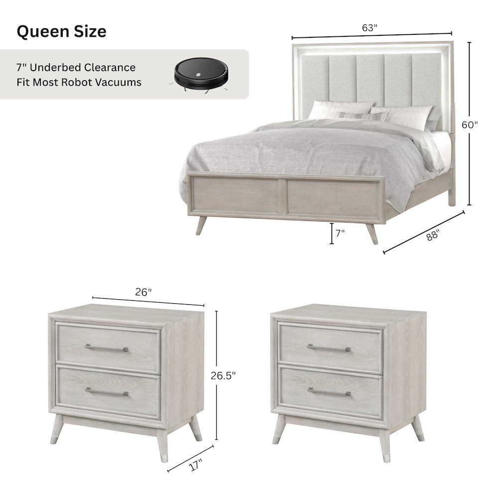 Seluna 3-Piece Bedroom Set with Touch LED Lighting, Gray Oak Finish, Queen
