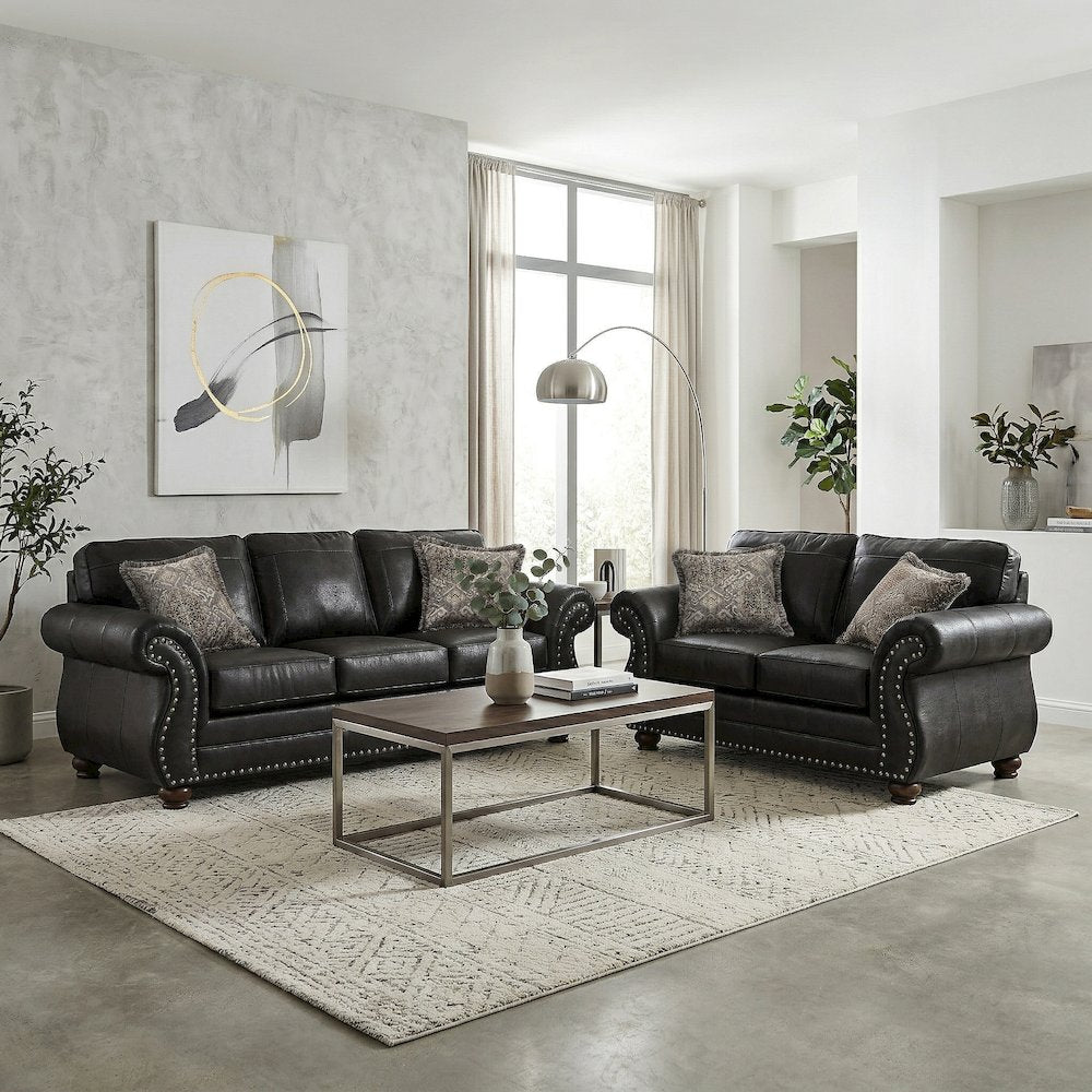 Leinster 2-Piece Living Room Set, Sofa and Loveseat, Black