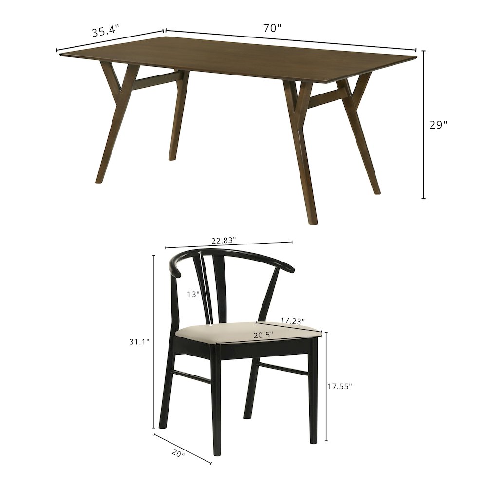 7-Piece Dining Set, Walnut Finished Dining Table with 6 Black Wishbone Chairs