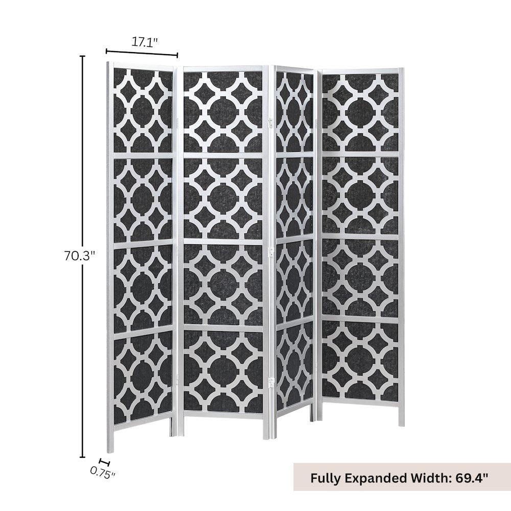 4-Panel Room Divider, Decorative Folding Freestanding Privacy Screen, Silver