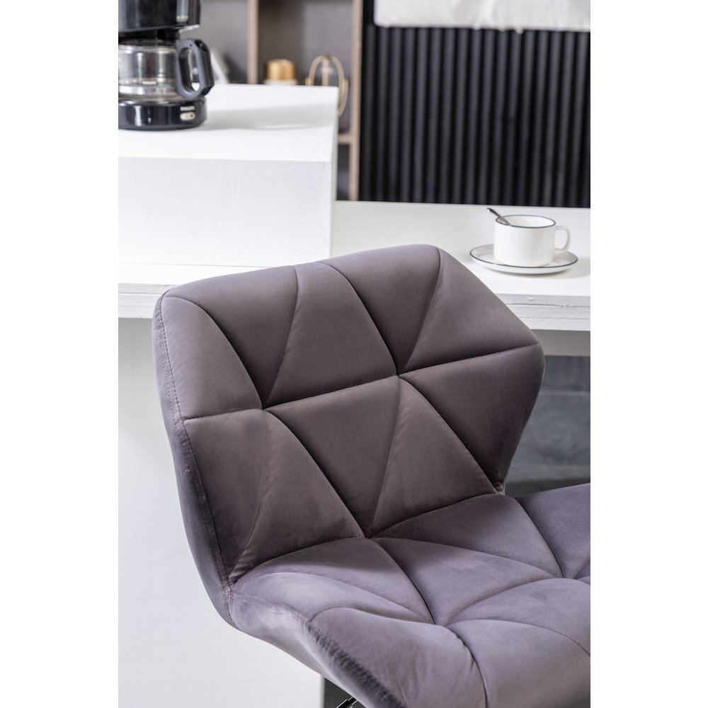 Breni Velvet Diamond Tufted Swivel Adjustable Height Barstool, Set of 2, Gray