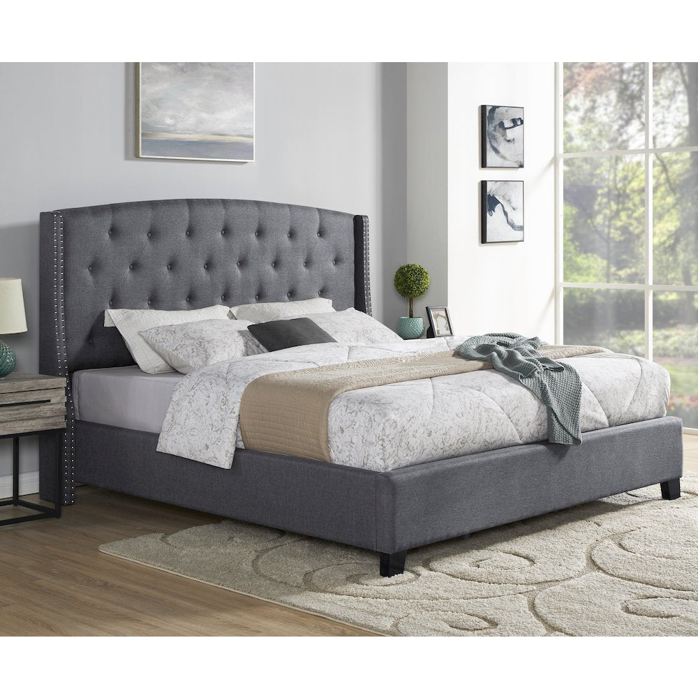 Nantarre Fabric Button Tufted Wingback King Bed with Nail Head Trim, Gray