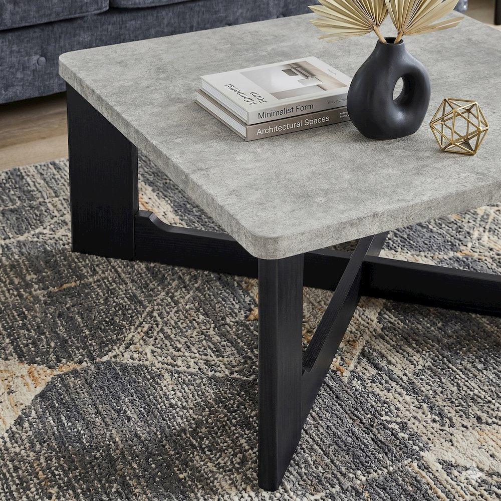 Levitus 3pc Square Coffee Table Set, Faux Concrete Tabletop; Black Wood Grain