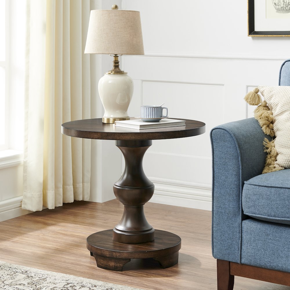 Caesar Traditional Round Pedestal End Table, Espresso