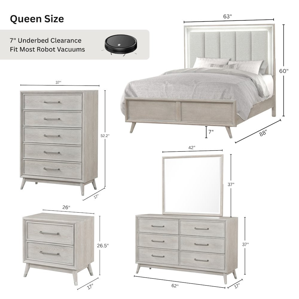Seluna 5-Piece Bedroom Set with Touch LED Lighting, Gray Oak Finish, Queen