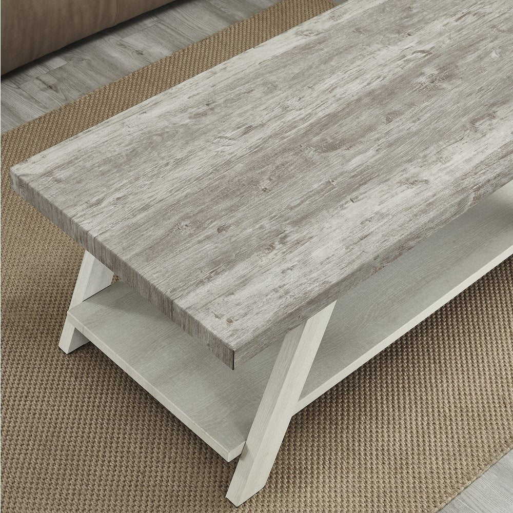 Athens Contemporary 3Pc Wood Shelf Coffee Table Set in Weathered Gray/Beige