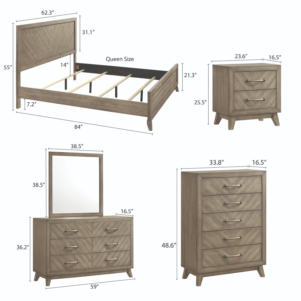Wood Bedroom Set: Panel Bed, Dresser, Mirror, Nightstand,Chest in Weathered Sand