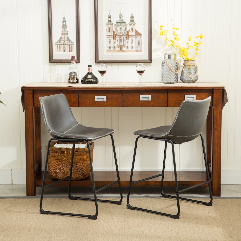 Lotusville Vintage PU Leather Counter Height Stools, Antique Gray, Set of 2