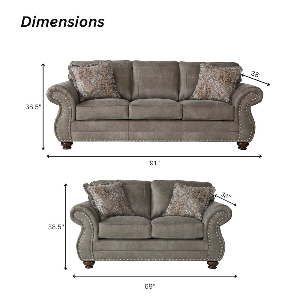 Leinster Faux Leather Upholstered Nailhead Sofa and Loveseat Set in Stone Gray