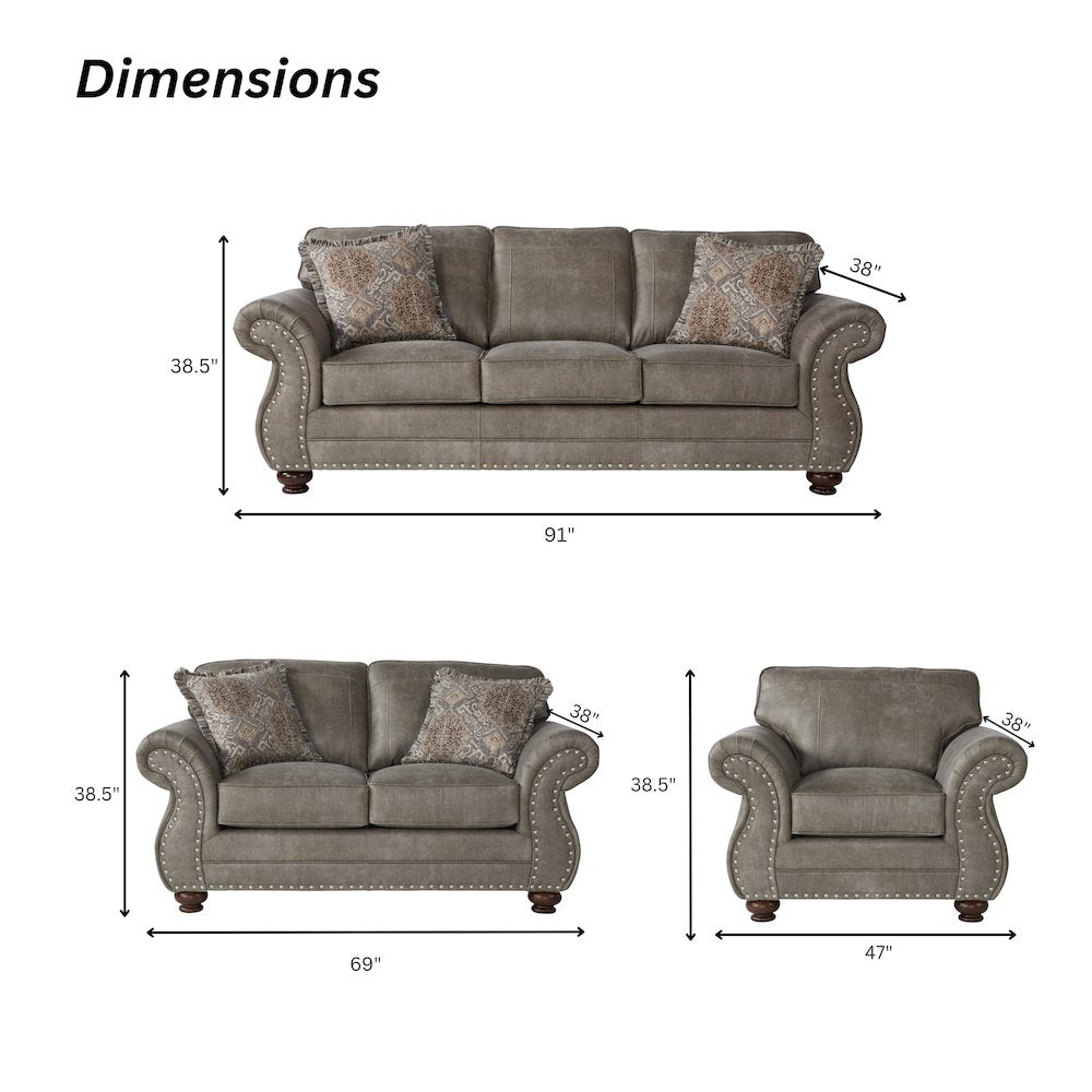 Leinster Faux Leather Upholstered Nailhead Sofa, Loveseat, and Chair Set