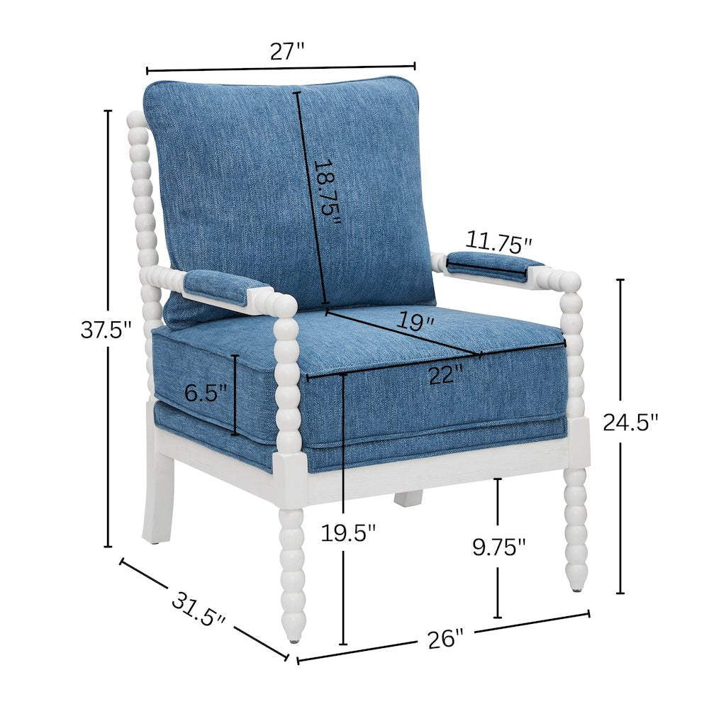 Belvoir Upholstered Spool Accent Chair, Denim Blue with White Finish