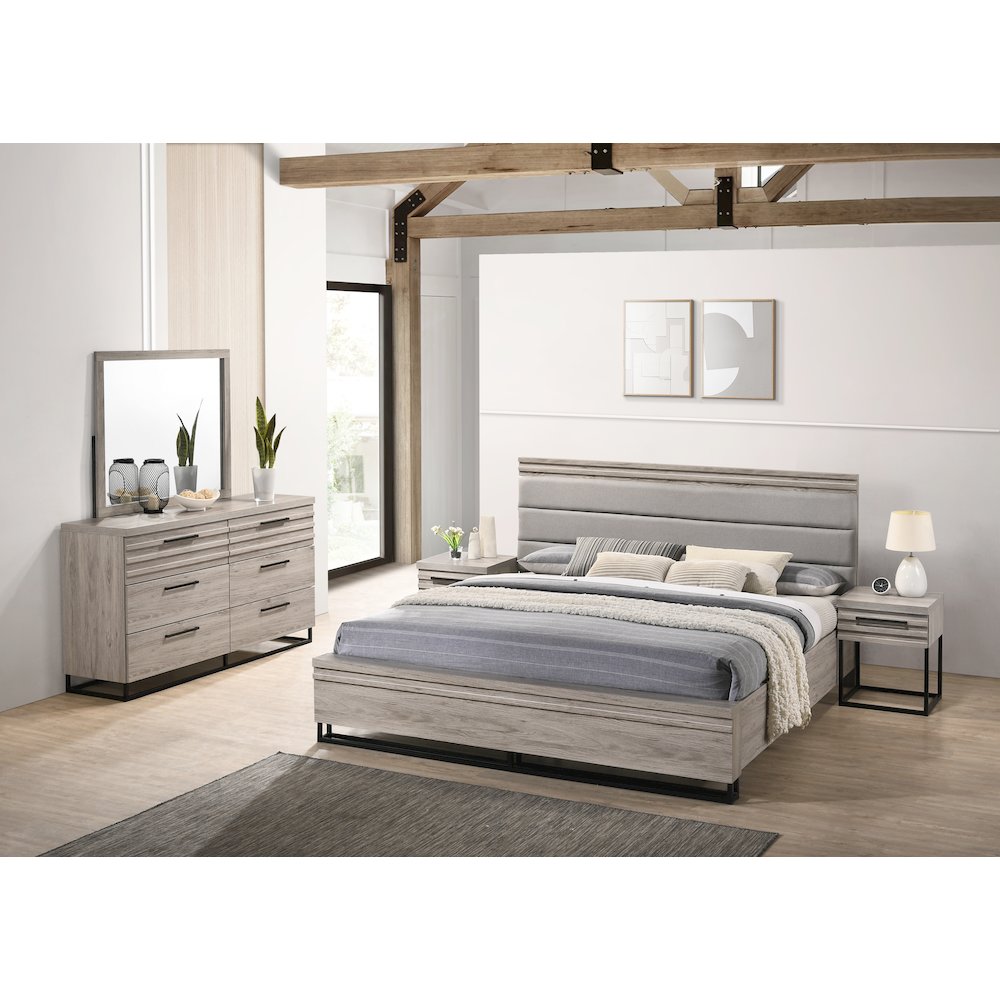 Panel Bed, Dresser, Mirror, and 2 Nightstands, Weathered Gray, King