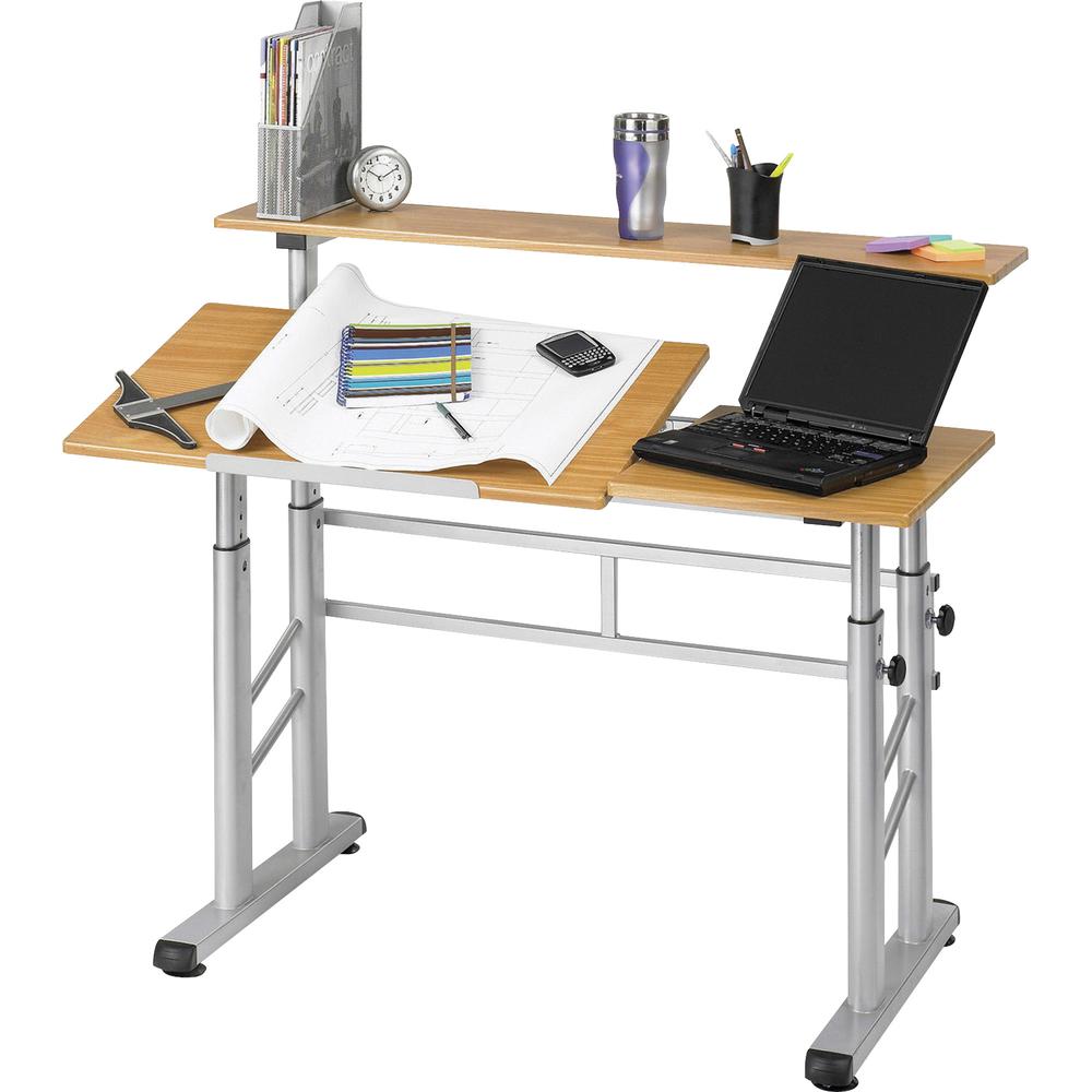 Safco Height-Adjustable Split Level Drafting Table - Rectangle Top - Adjustable Height - 26.50" to 37.25" Adjustment - Assembly Required - Medium Oak - Steel, Wood - 1 Each