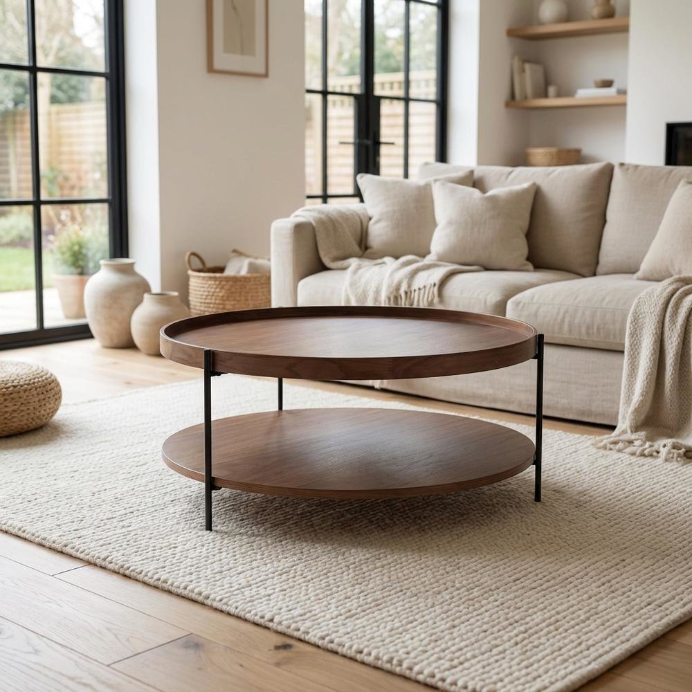 Veneer Round Coffee Table with Manufactured Wood and Metal Frame, Large