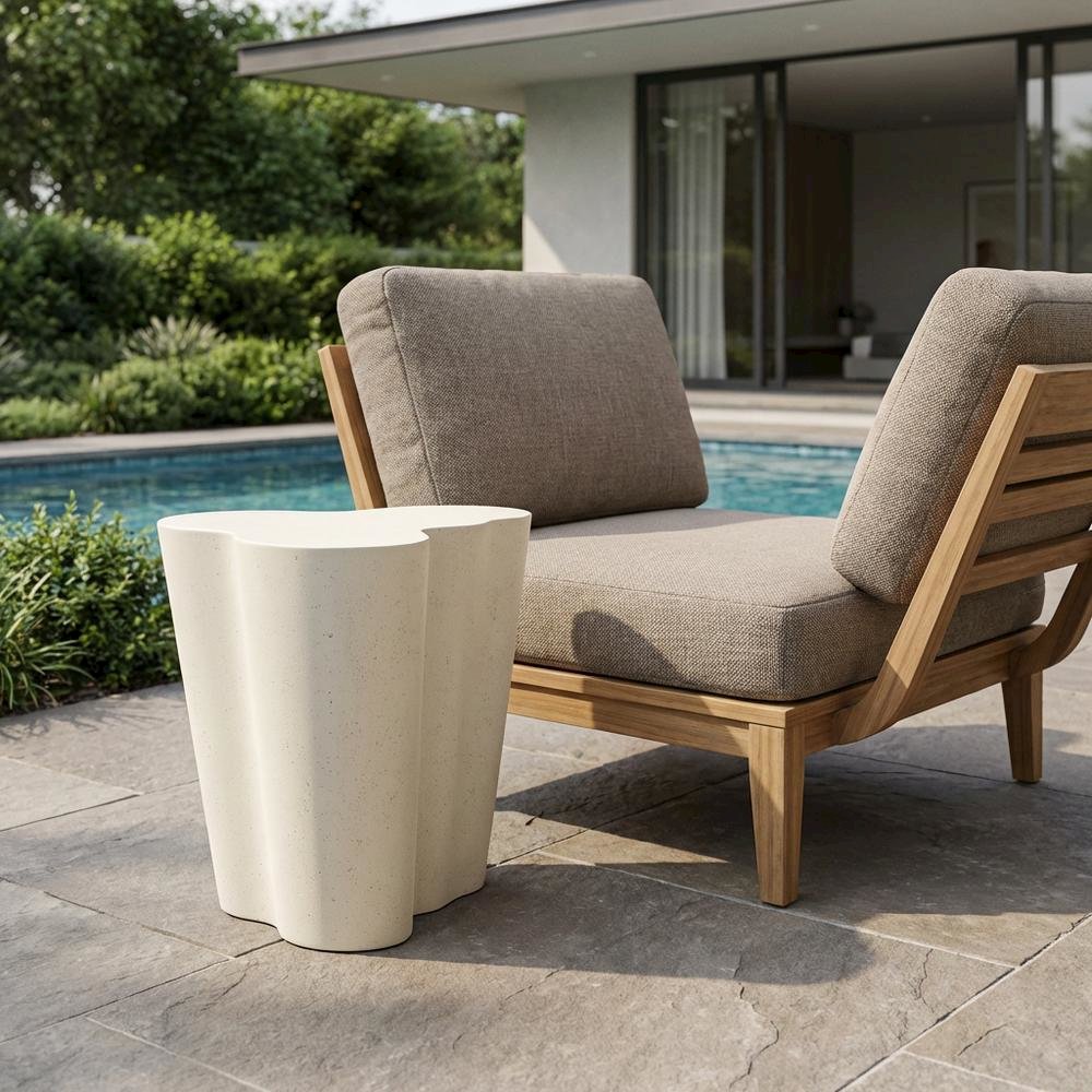 Cream Concrete And Fiberglass Indoor Outdoor End Table With Art Deco Style