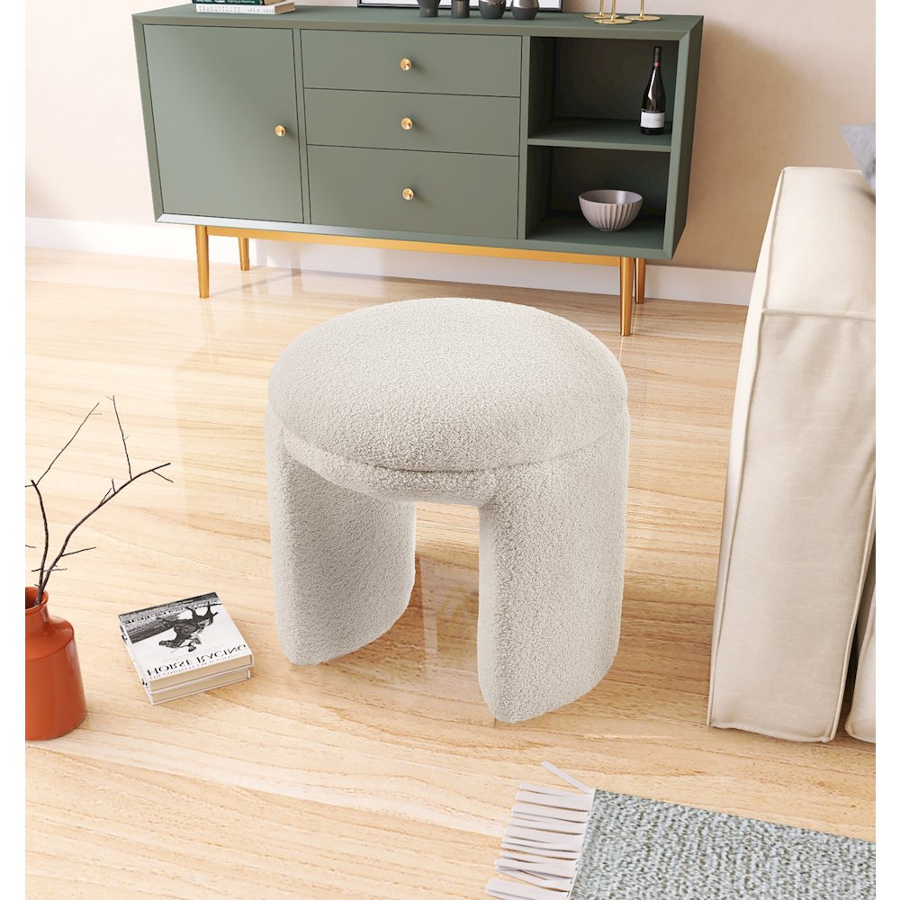 Bowen Beige Faux Shearling Teddy Fabric Ottoman/Stool