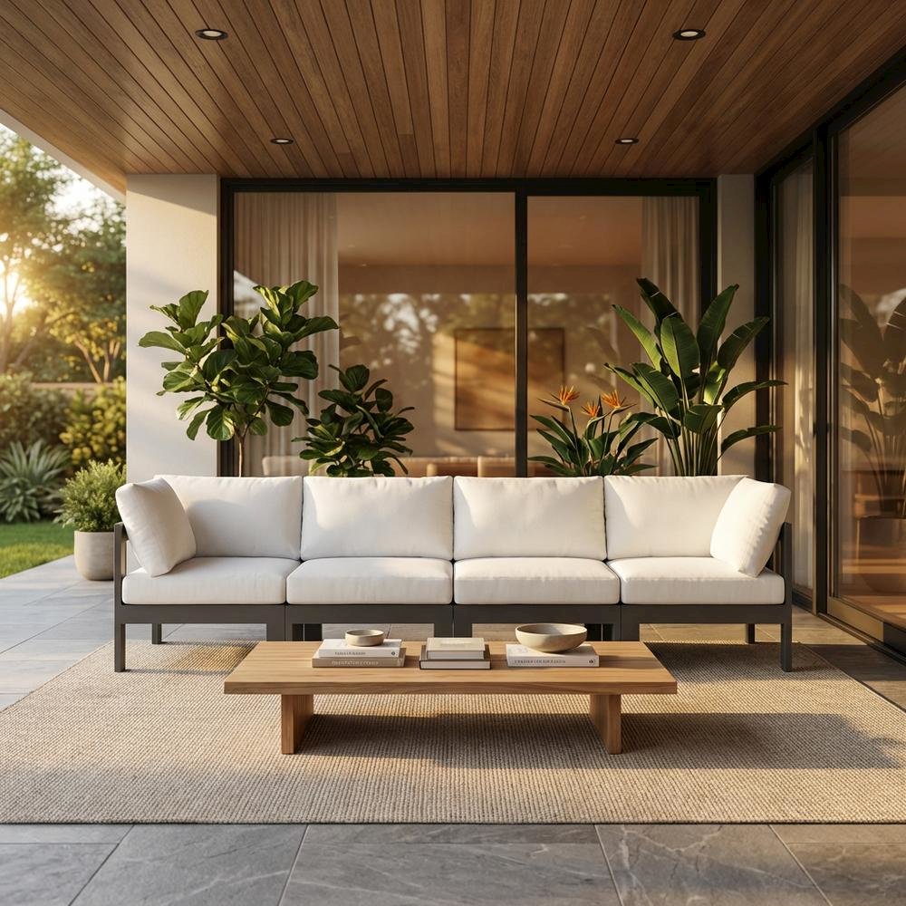 White Fabric Outdoor Patio Modular Sofa With Contemporary Style