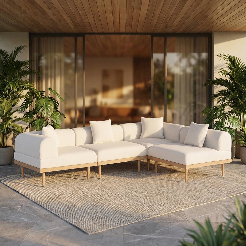 Cream Fabric Outdoor Modular Sectional with Pillow and Contemporary Style