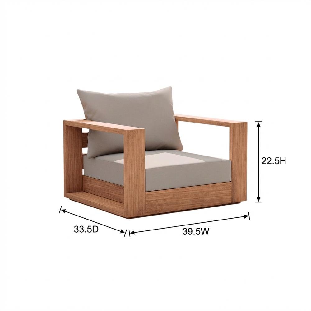 Gray Fabric Outdoor Chair With Pillow And Teak Finish