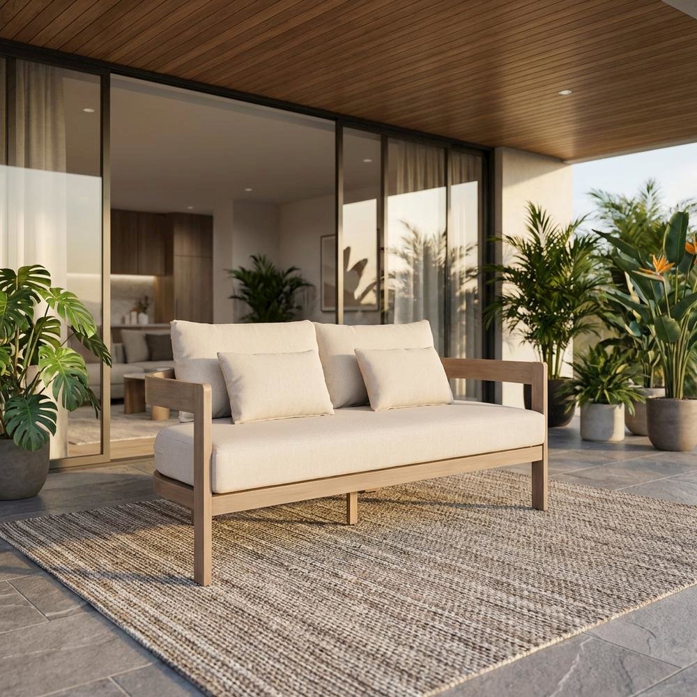 Beige Fabric Outdoor Loveseat With Pillow And Contemporary Style