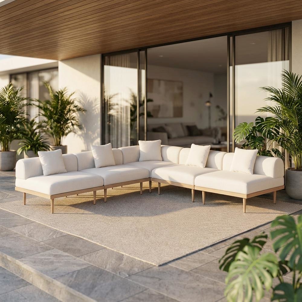 Cream Fabric Outdoor Modular Sectional with Cushions and Contemporary Design