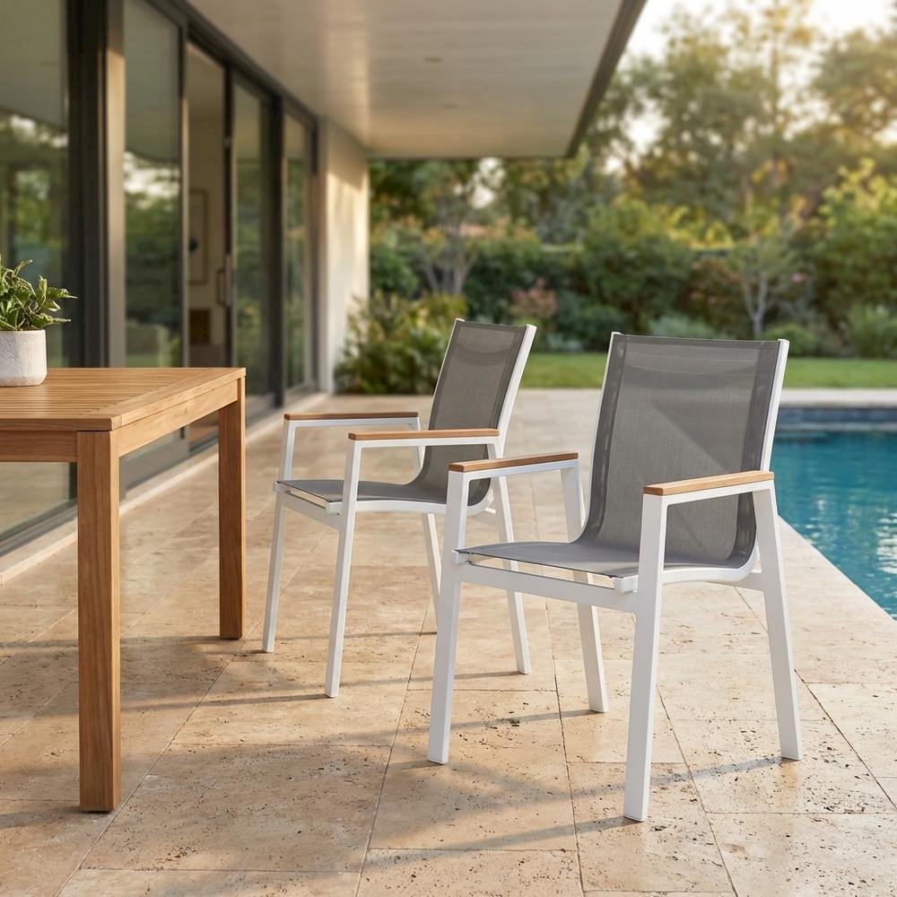 Gray Mesh Patio Armchair Set Of 2 With Cushioned Seats And Contemporary Style