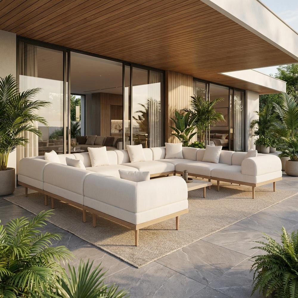 Cream Fabric Outdoor Modular Sectional with Pillows and Contemporary Style