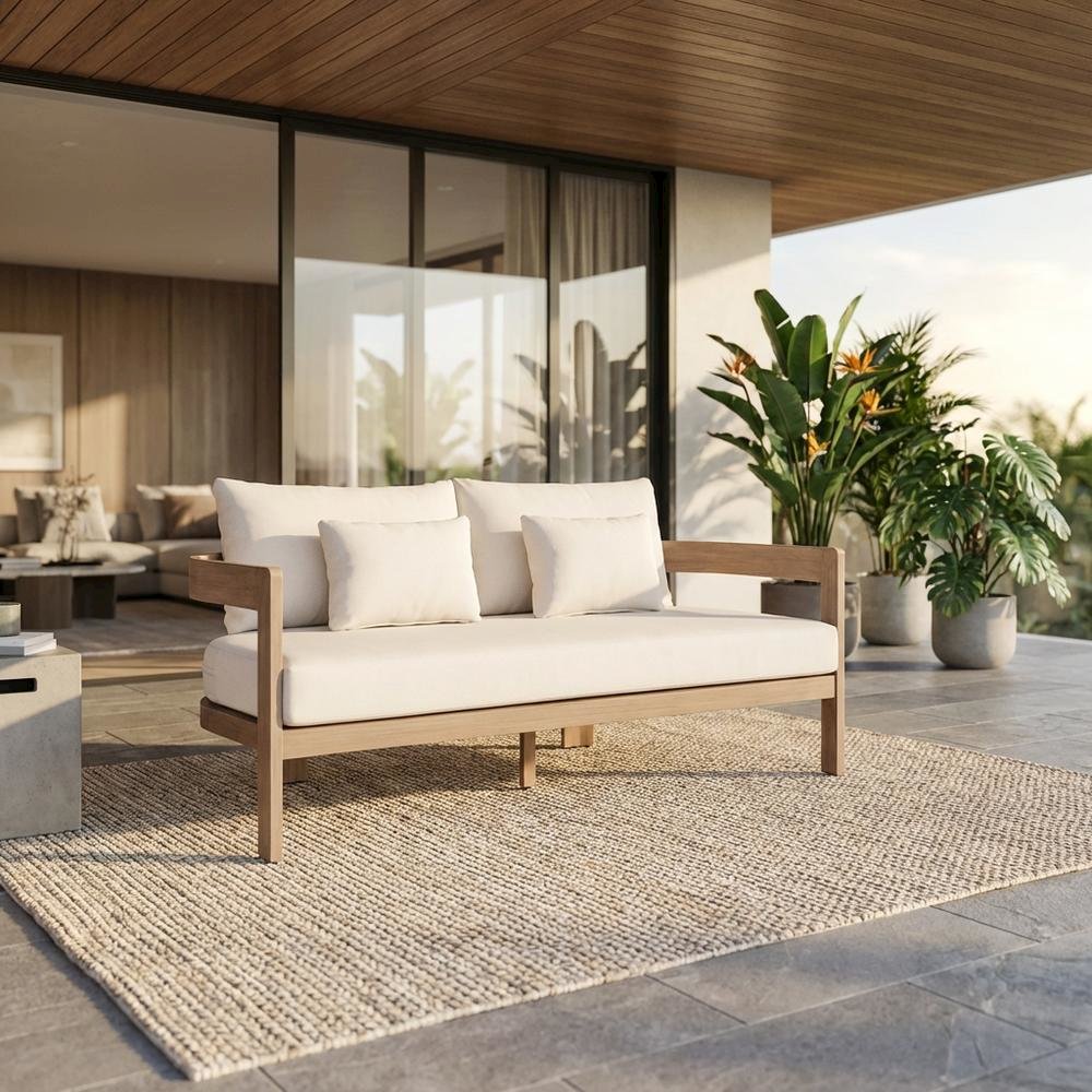 Cream Fabric Outdoor Loveseat with Cushioned Seat and Contemporary Style