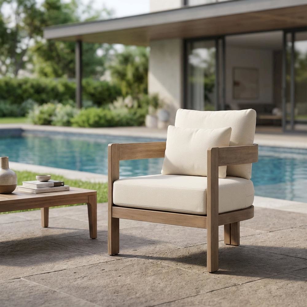 Cream Fabric Outdoor Patio Chair With Pillow And Contemporary Style