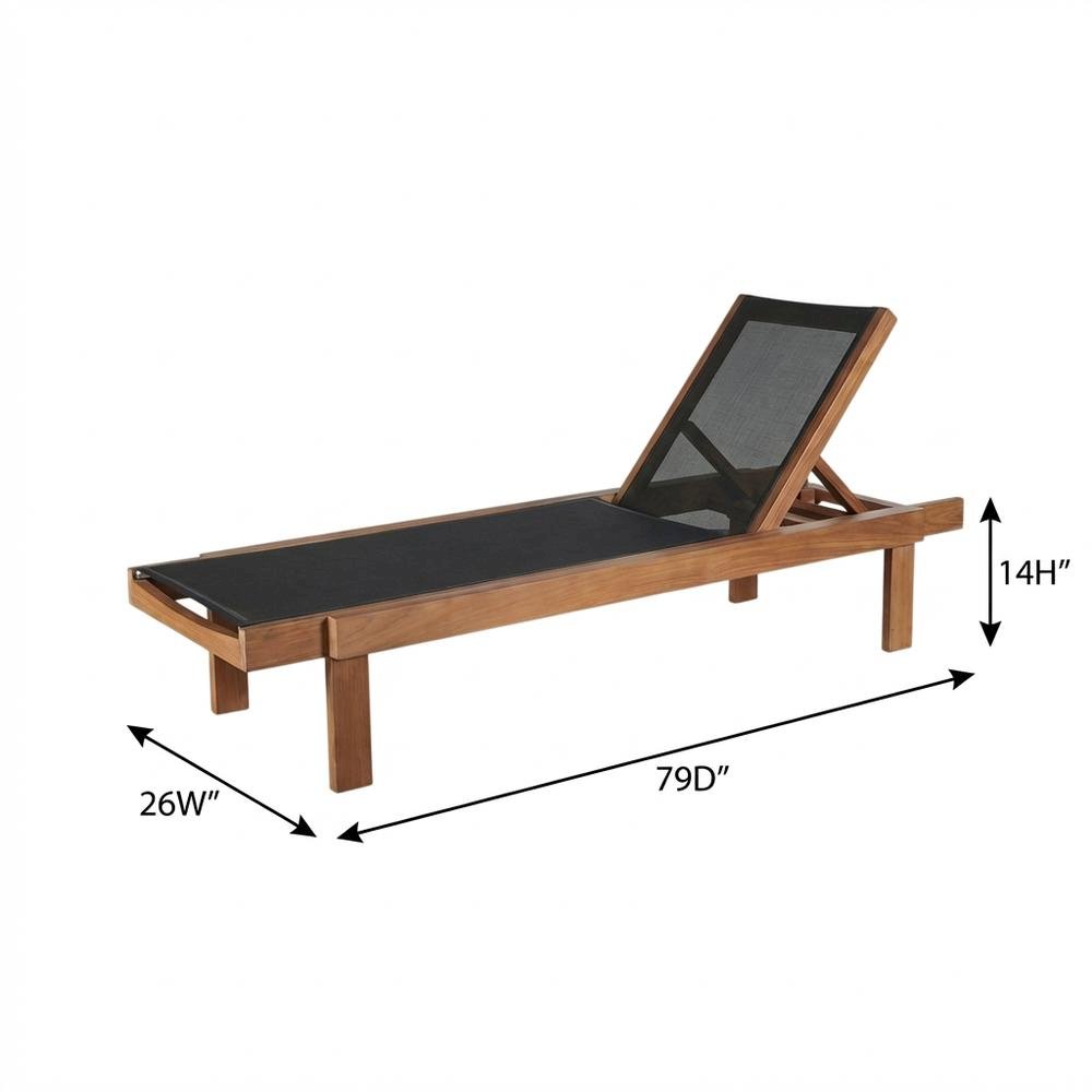 Outdoor Patio Lounger With Black Fabric, Contemporary Design, Teak Finish