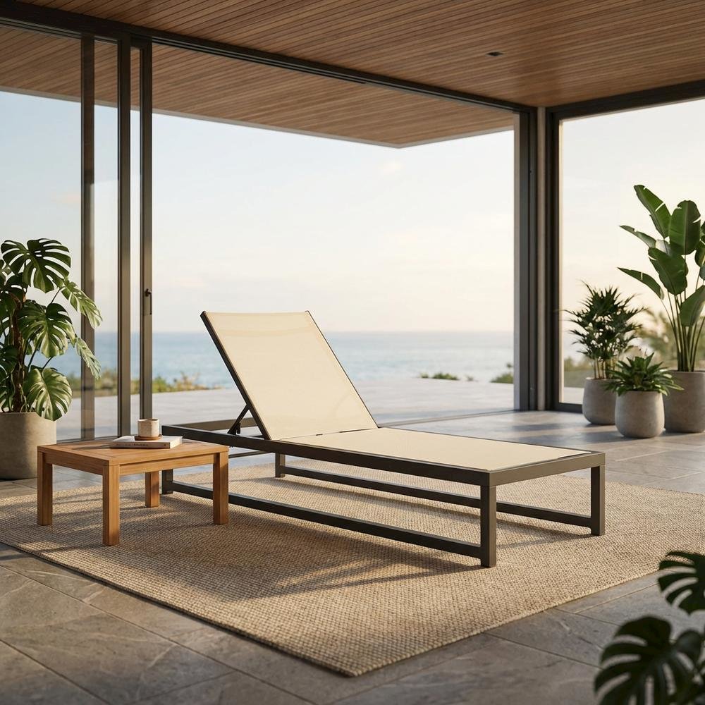 Cream Mesh Fabric Outdoor Chaise Lounge With Adjustable Back, Contemporary Style
