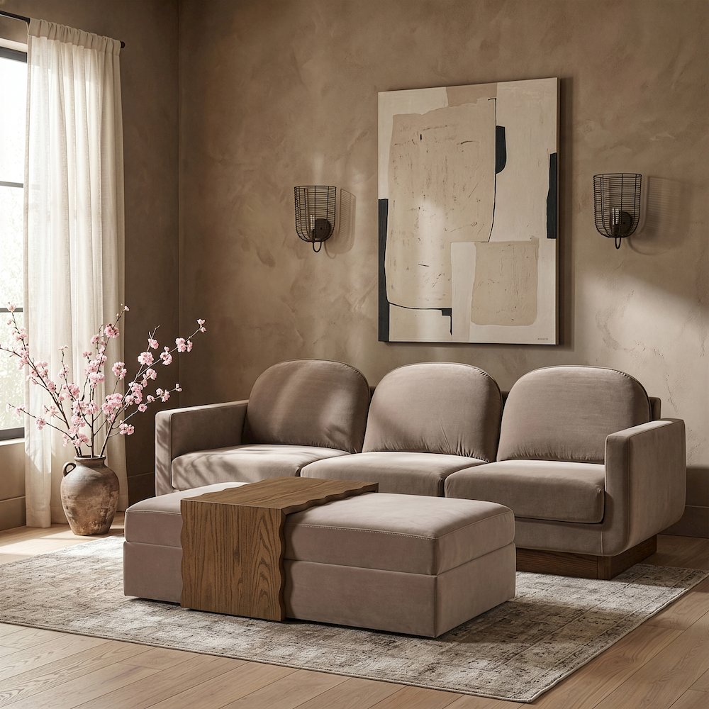 Woodra Taupe Velvet Upholstered Coffee Table/Ottoman