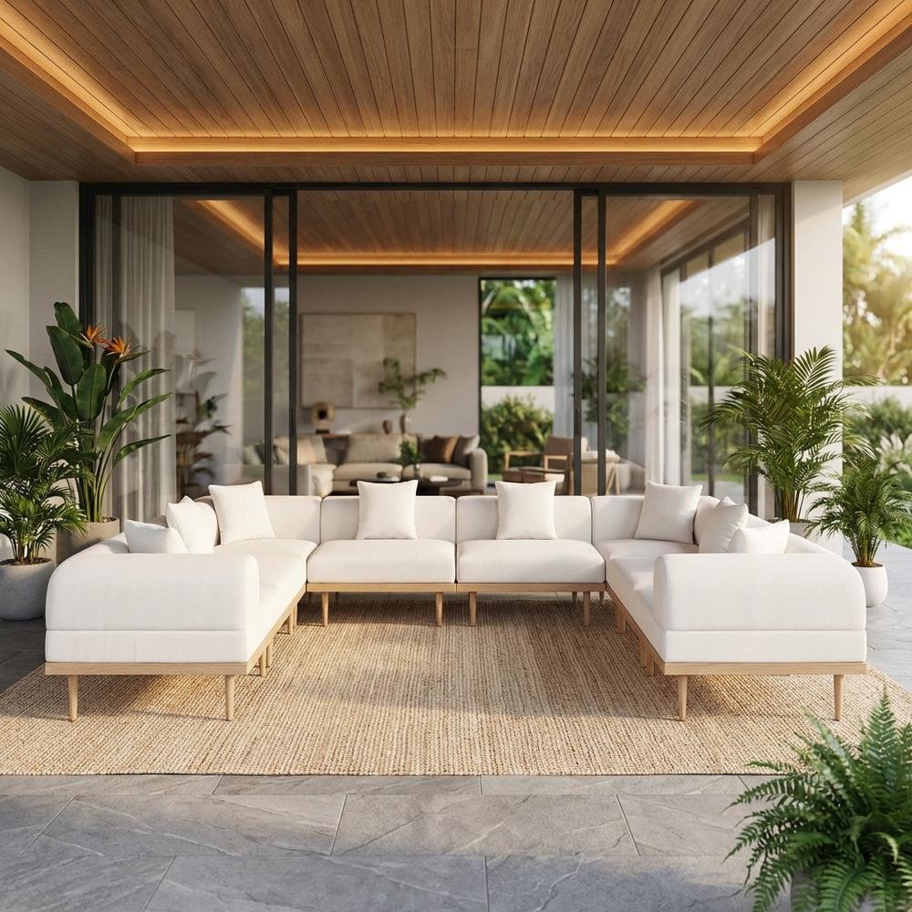 Cream Fabric Outdoor Modular Sectional with Pillows and Contemporary Style