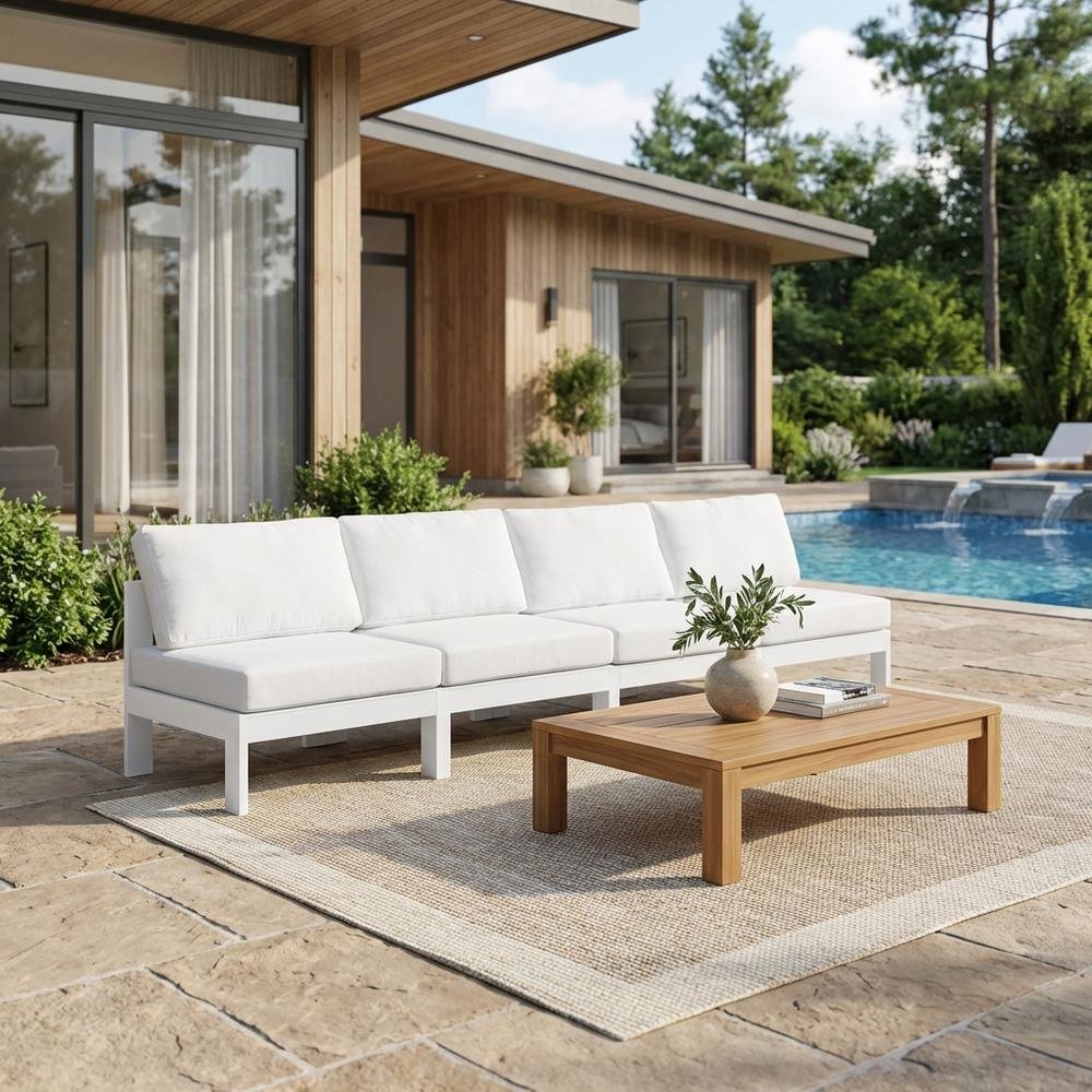 White Fabric Outdoor Patio Modular Sofa, Contemporary Style, Cushioned Seat