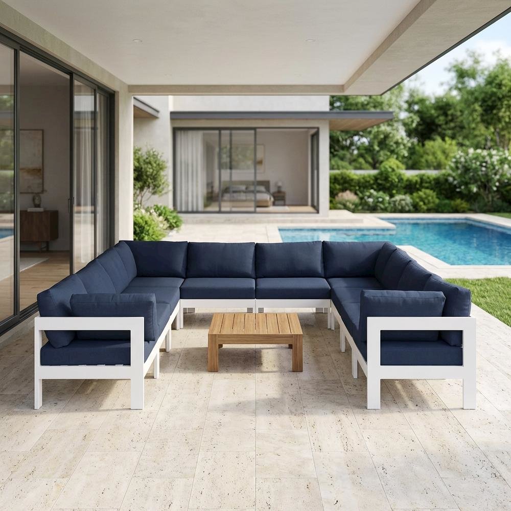 Navy Fabric Outdoor Modular Sectional With Contemporary Style