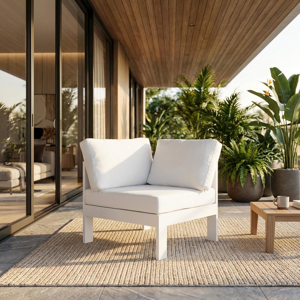 White Fabric Outdoor Ottoman With Aluminum Frame For Patio Lounge