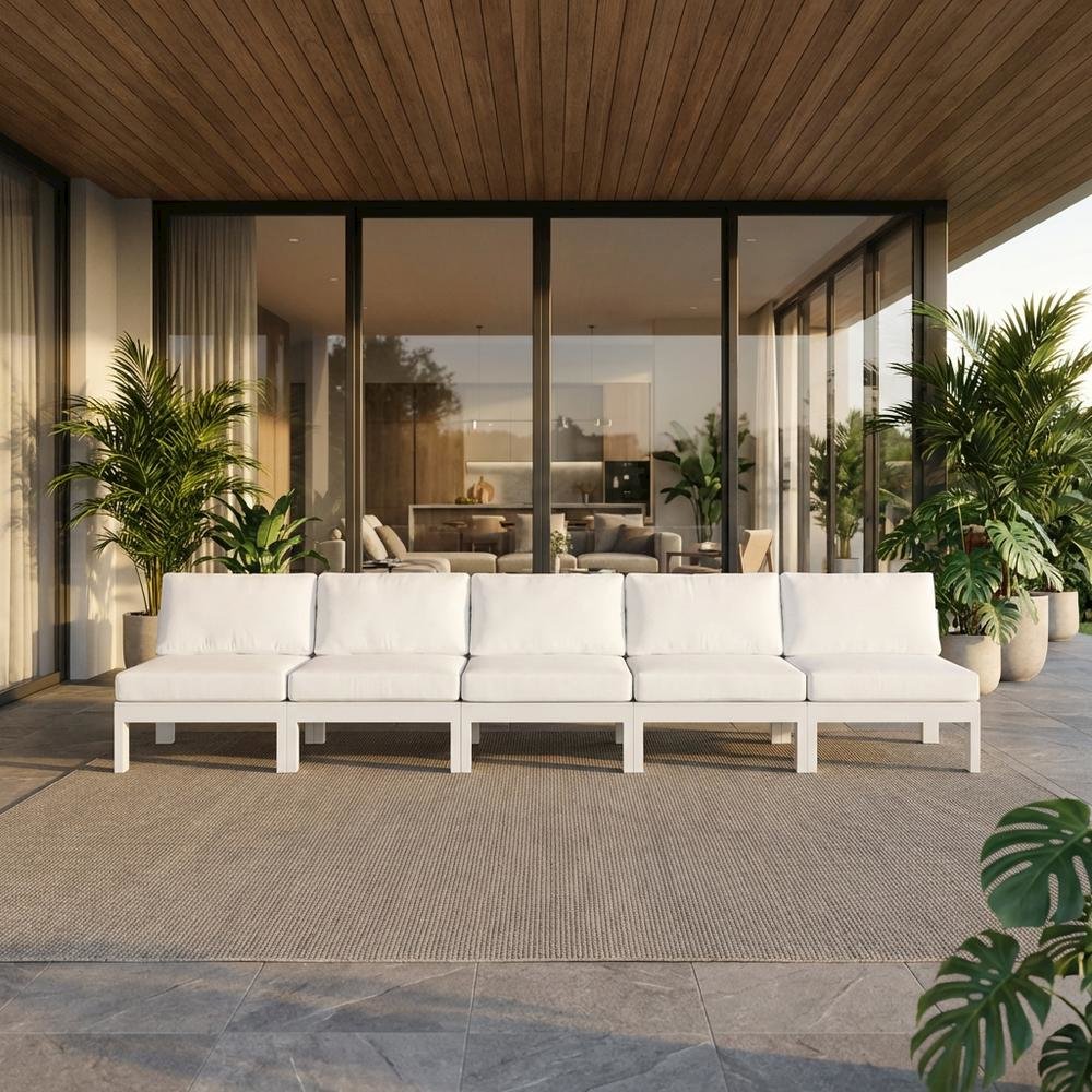 White Fabric Outdoor Patio Modular Sofa, Contemporary Style, Cushioned Seating