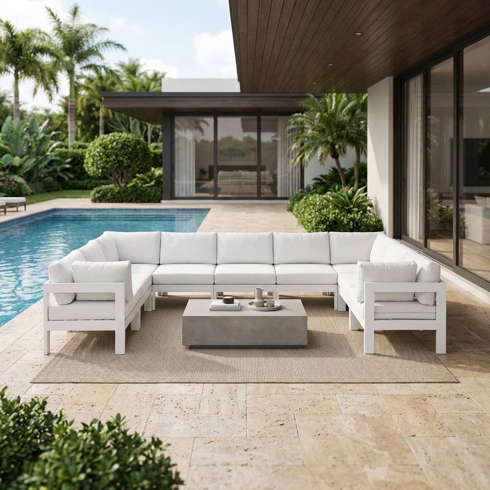 White Fabric Outdoor Patio Modular Sectional With Contemporary Style