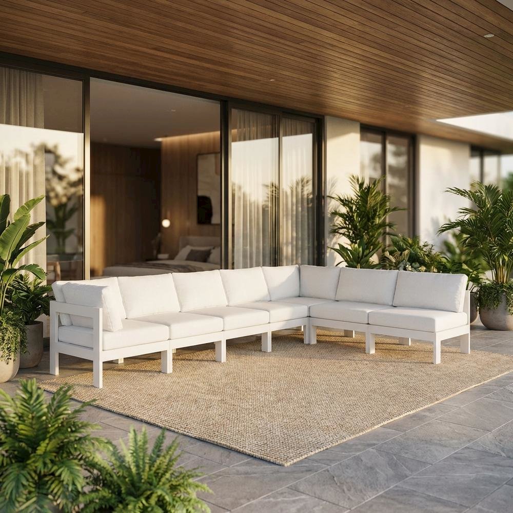 White Fabric Outdoor Patio Modular Sectional With Contemporary Design