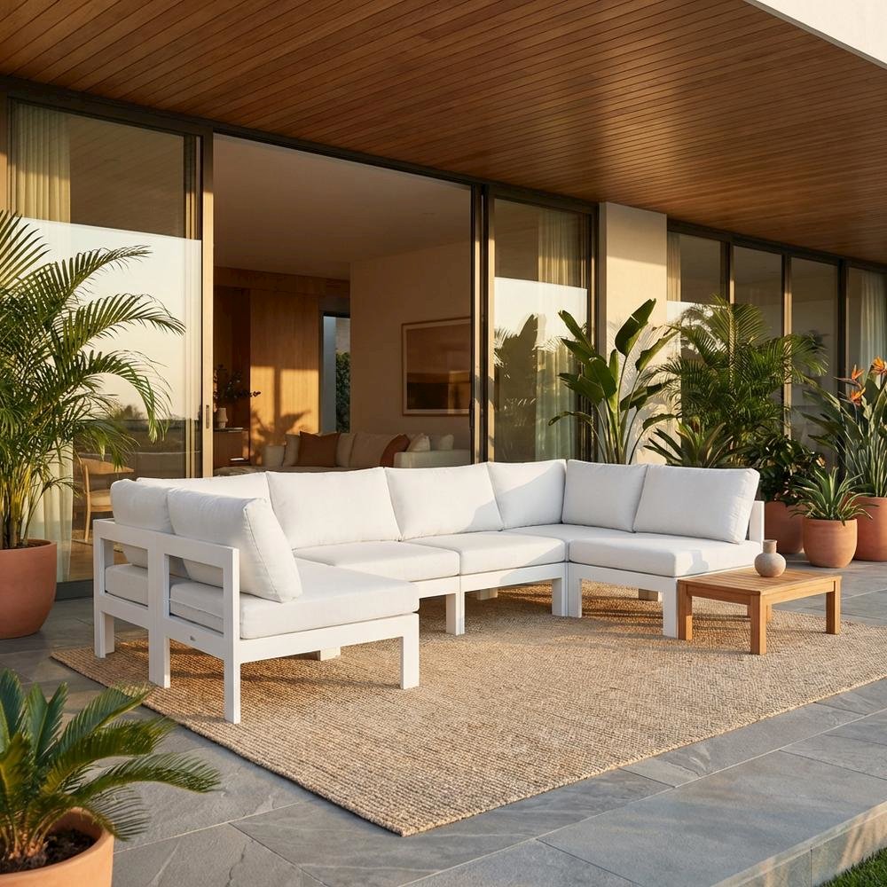 White Fabric Outdoor Patio Modular Sectional, Contemporary Style, Cushioned