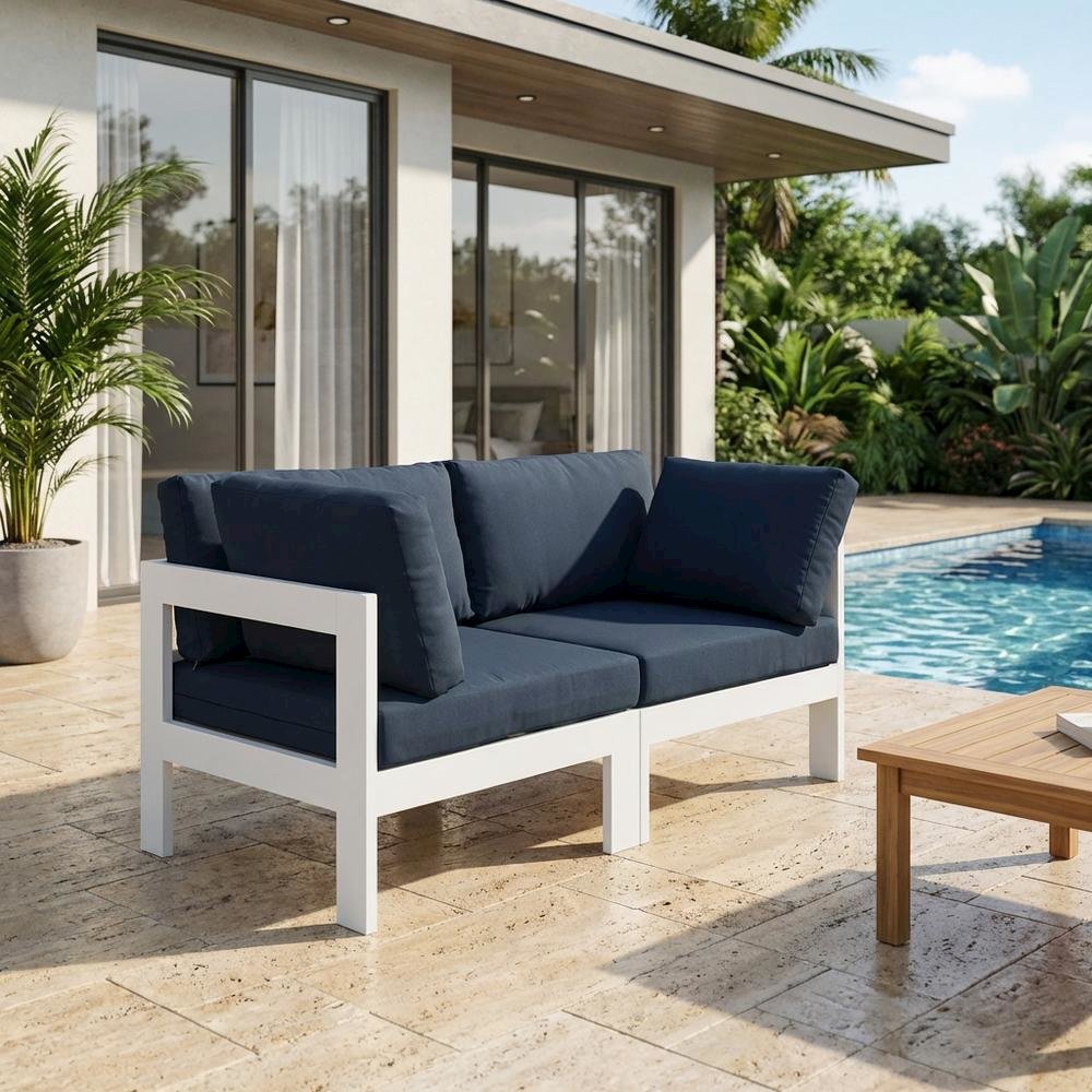 Navy Fabric Outdoor Modular Sofa With Contemporary Style And Cushioned Seating