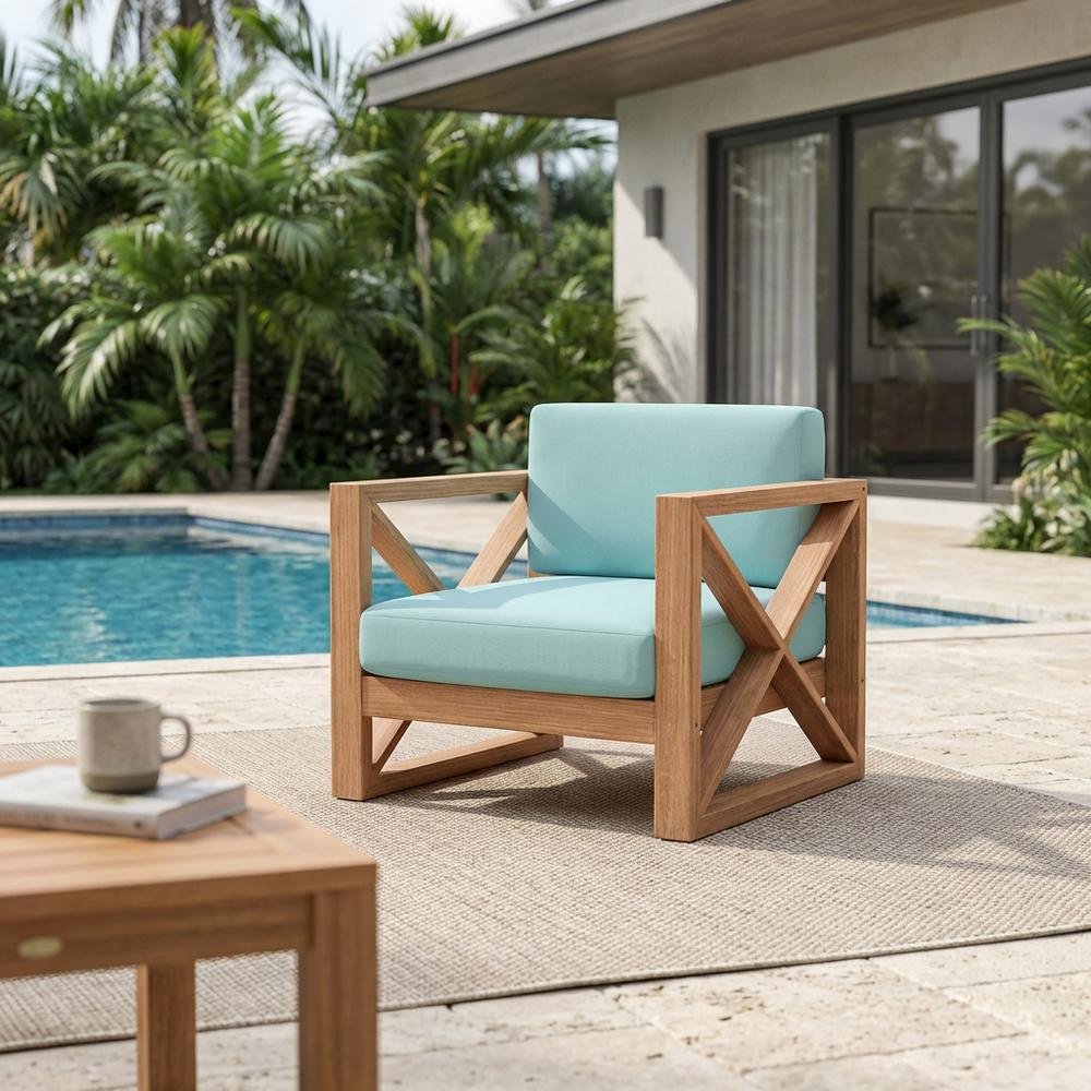 Blue Fabric Outdoor Chair With Cushioned Seat And Teak Finish