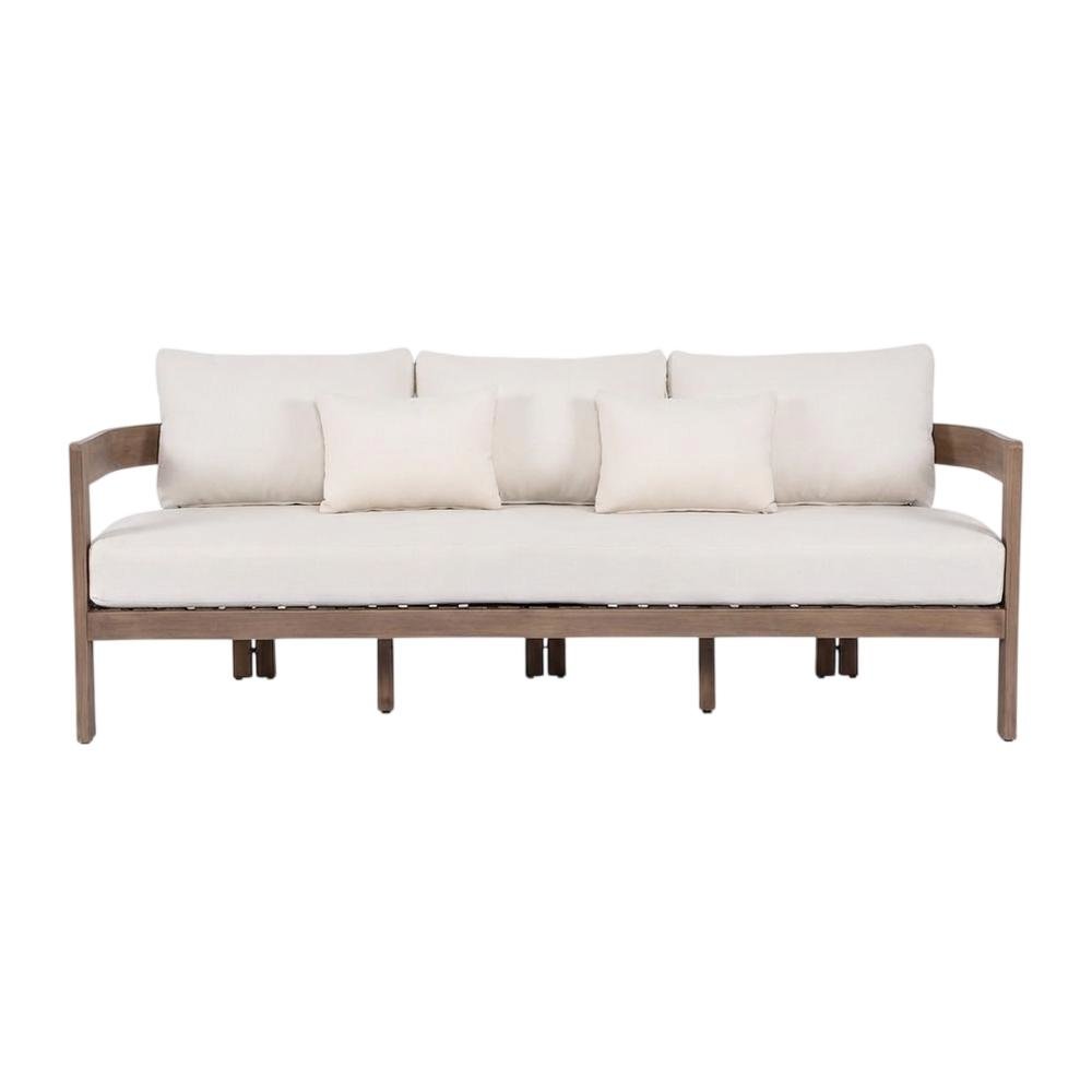 Cream Fabric Upholstered Outdoor Patio Sofa, Cushioned Seating