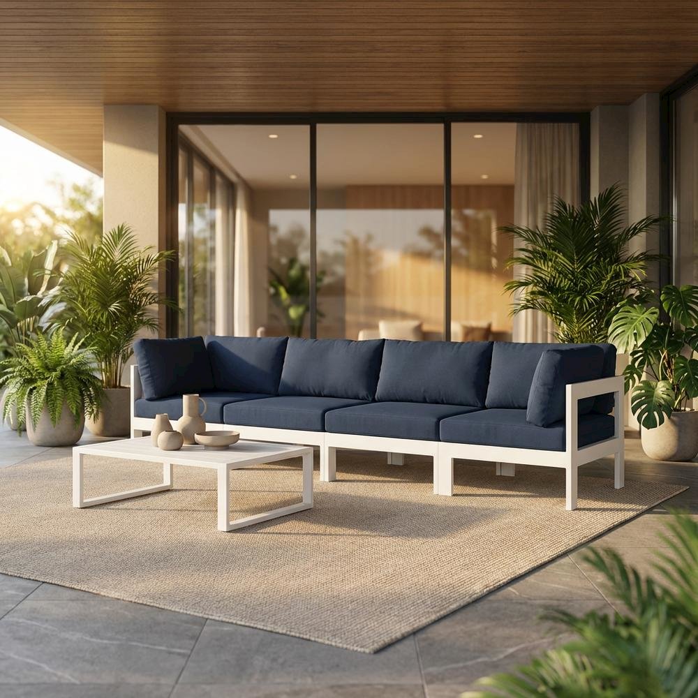 Navy Fabric Outdoor Modular Sofa With Contemporary Style And Cushioned Seat