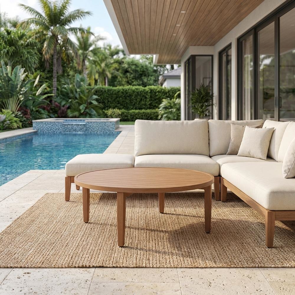 Teak Finish Outdoor Coffee Table With Aluminum Frame And Contemporary Style