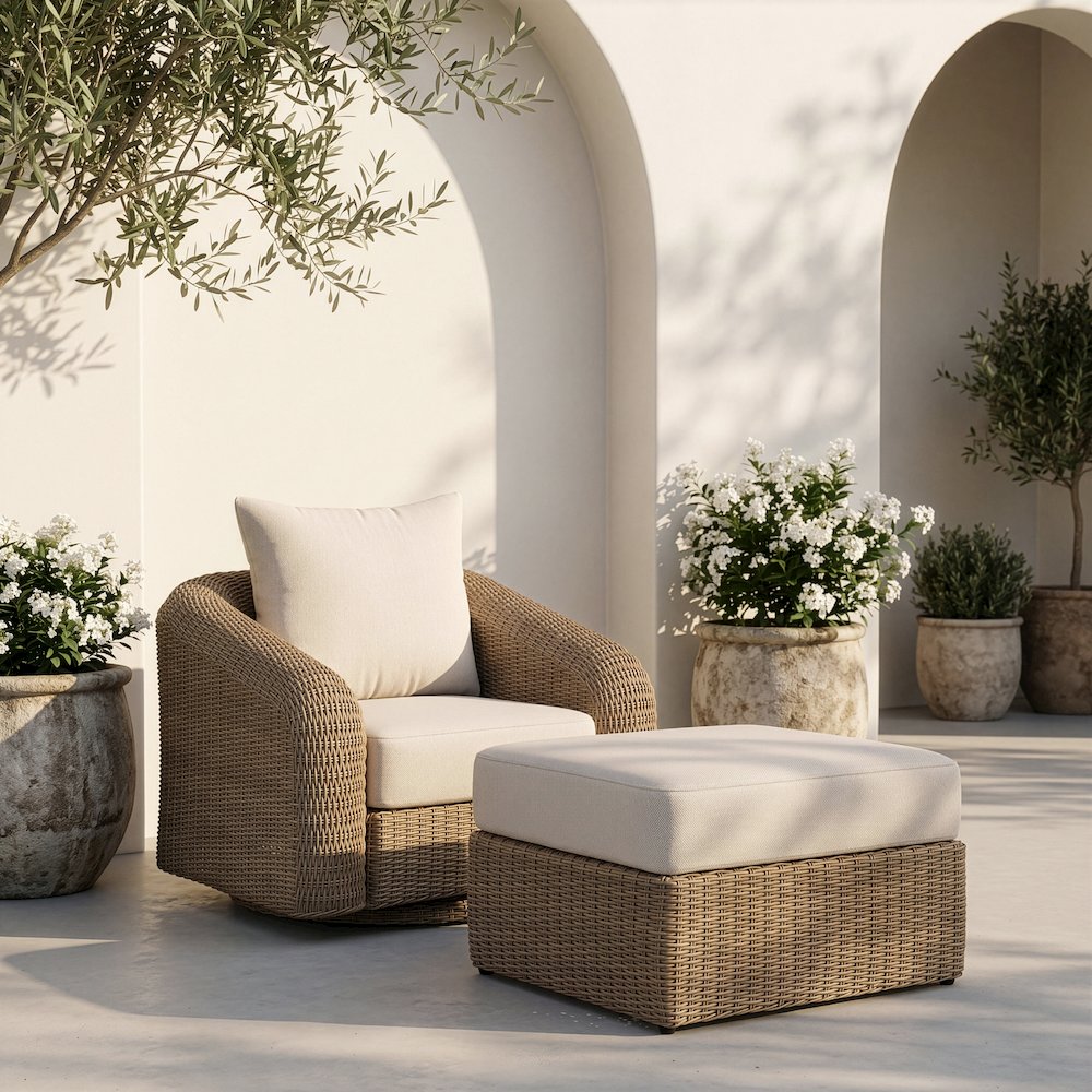 Seacrest Beige Olefin And Wicker Outdoor Patio Ottoman/Coffee Table