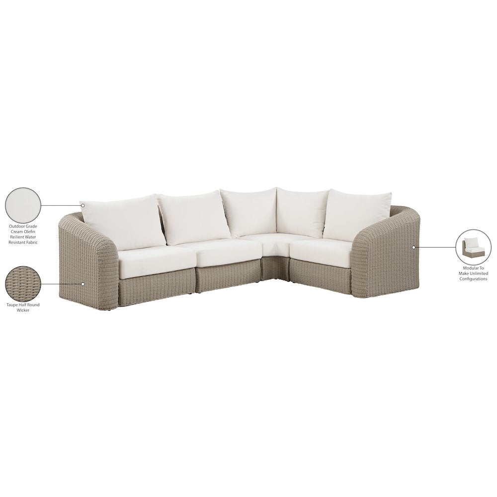 Seacrest 123.25" Cream Olefin And Wicker 4pc. Outdoor Patio Modular Sectional