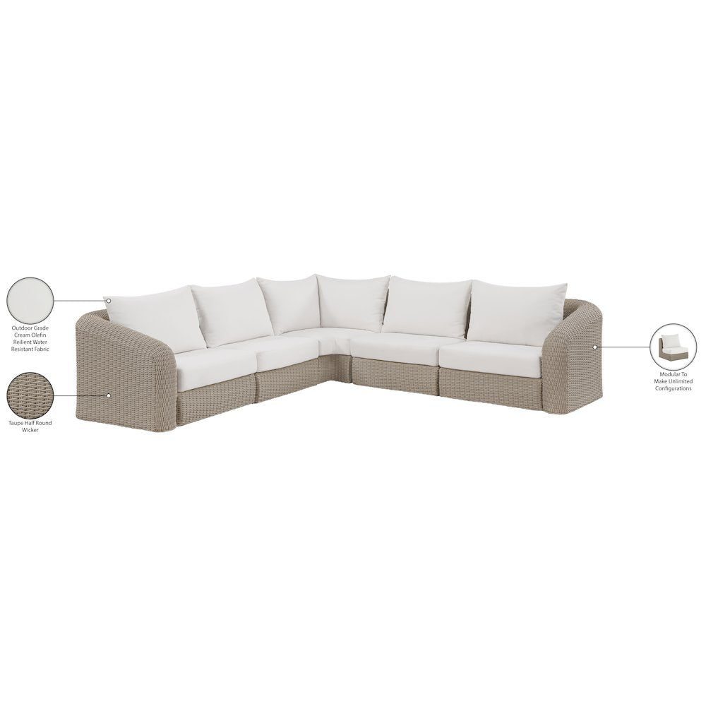Seacrest 123.25" Cream Olefin And Wicker 5pc. Outdoor Patio Modular Sectional